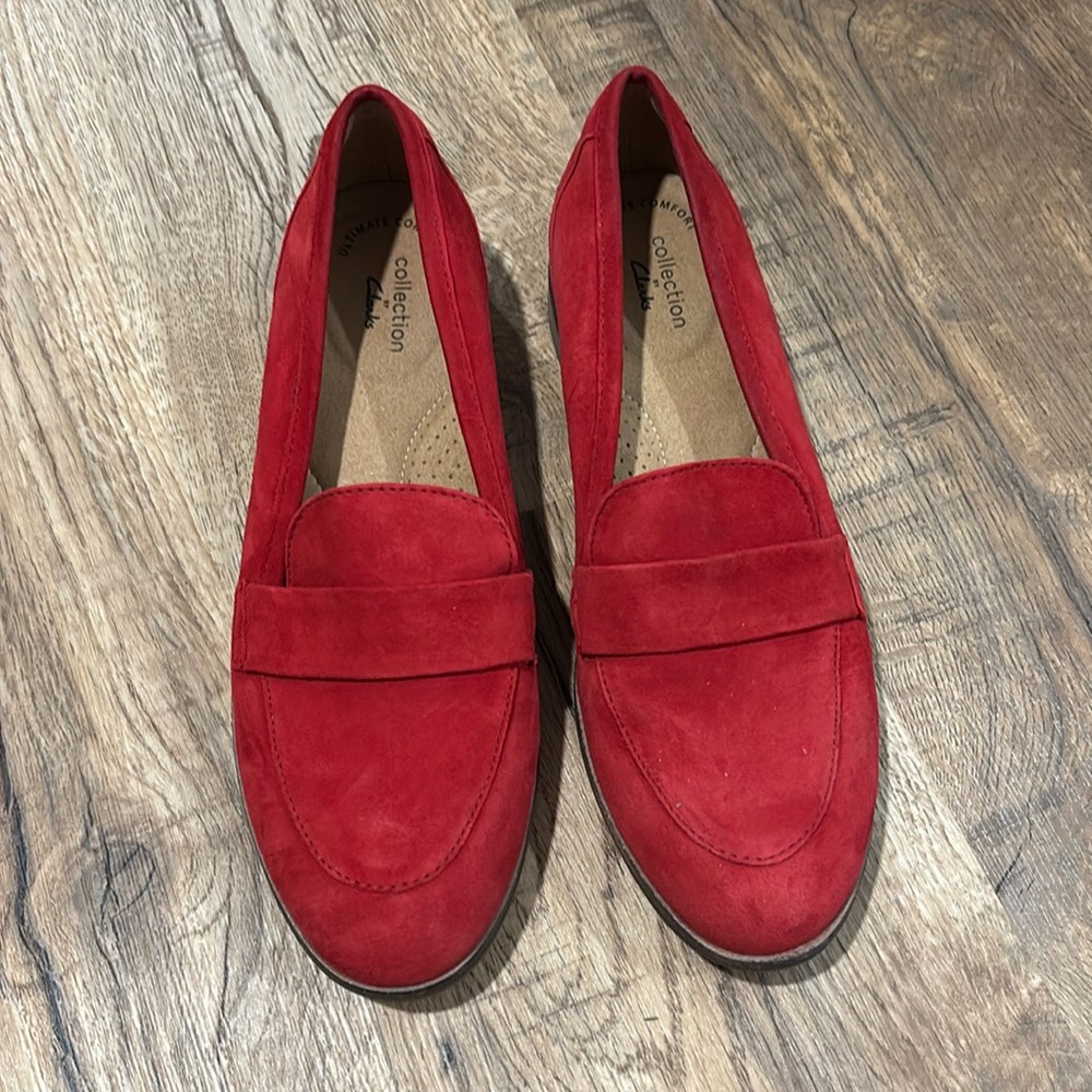 Red suede loafer- Clark’s ultimate comfort collection